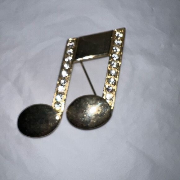 Vintage JJ Jonette Jewels Gold Tone with Rhinestone Music Note Brooch - Picture 3 of 8